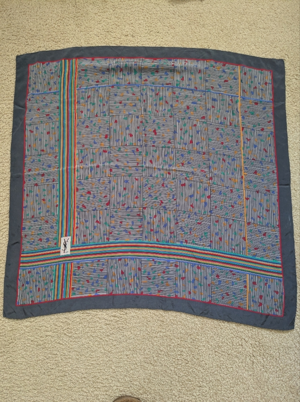 Yves Saint Laurent Gray Silk Scarf with Multicolor Stripes, Vintage